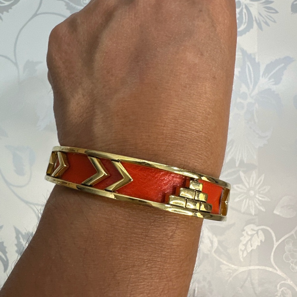 House of Harlow 1960 Aztec Red Leather Gold Tone Slip On Bangle Bracelet